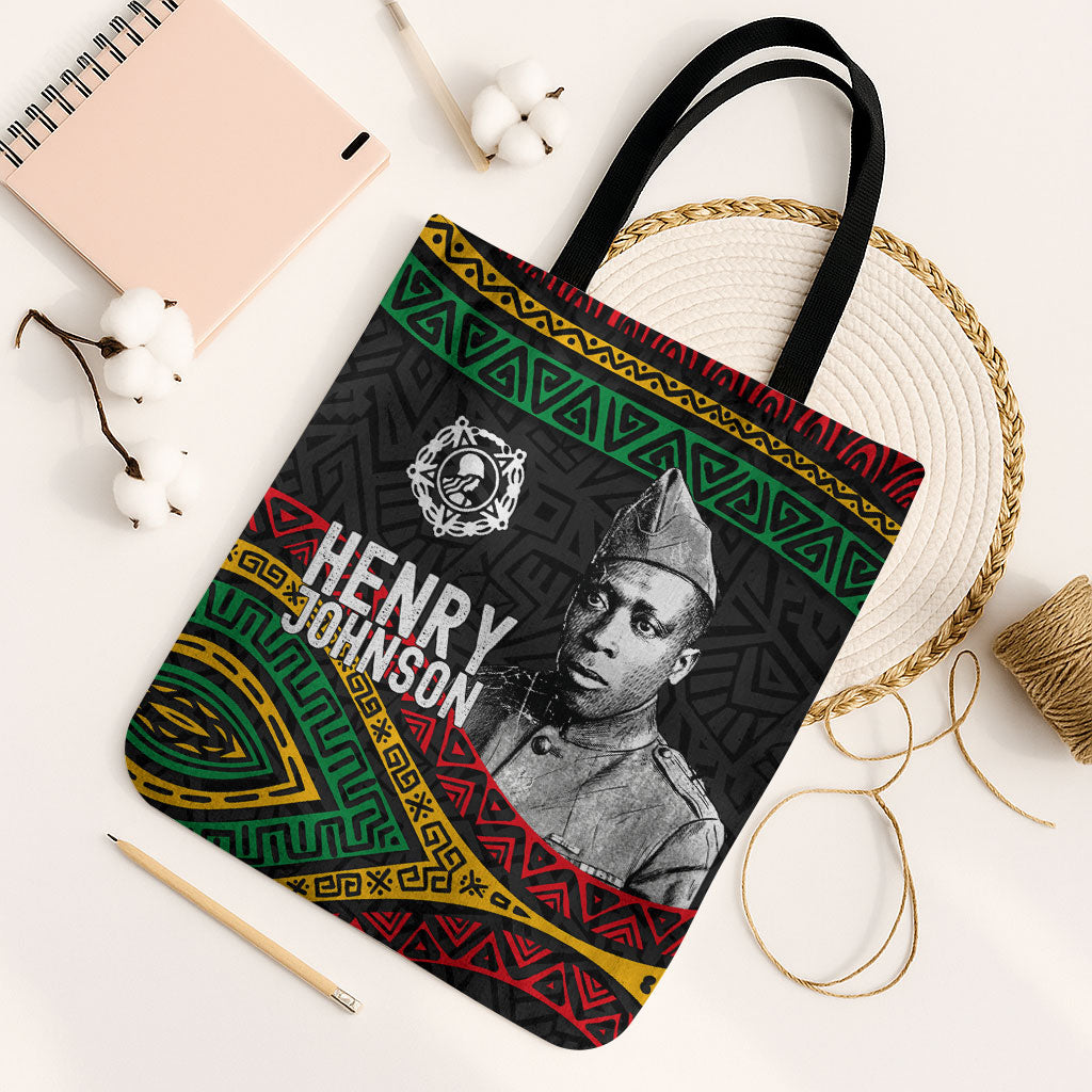 Henry Johnson Black History Month Tote Bag Pan African Colors Tribal Geometric Pattern