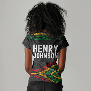 Henry Johnson Black History Month Women V-Neck T-Shirt Pan African Colors Tribal Geometric Pattern