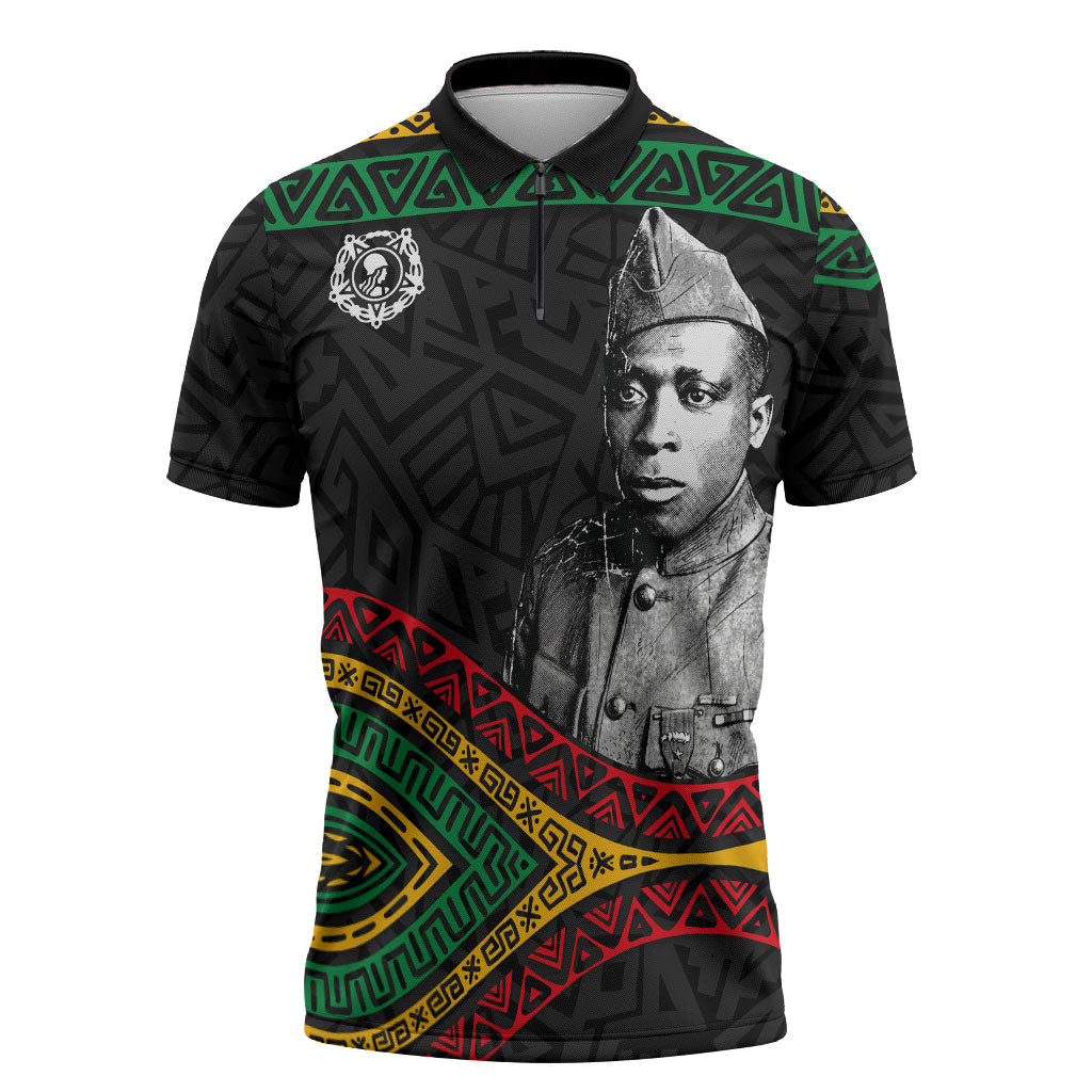 Henry Johnson Black History Month Zipper Polo Shirt Pan African Colors Tribal Geometric Pattern