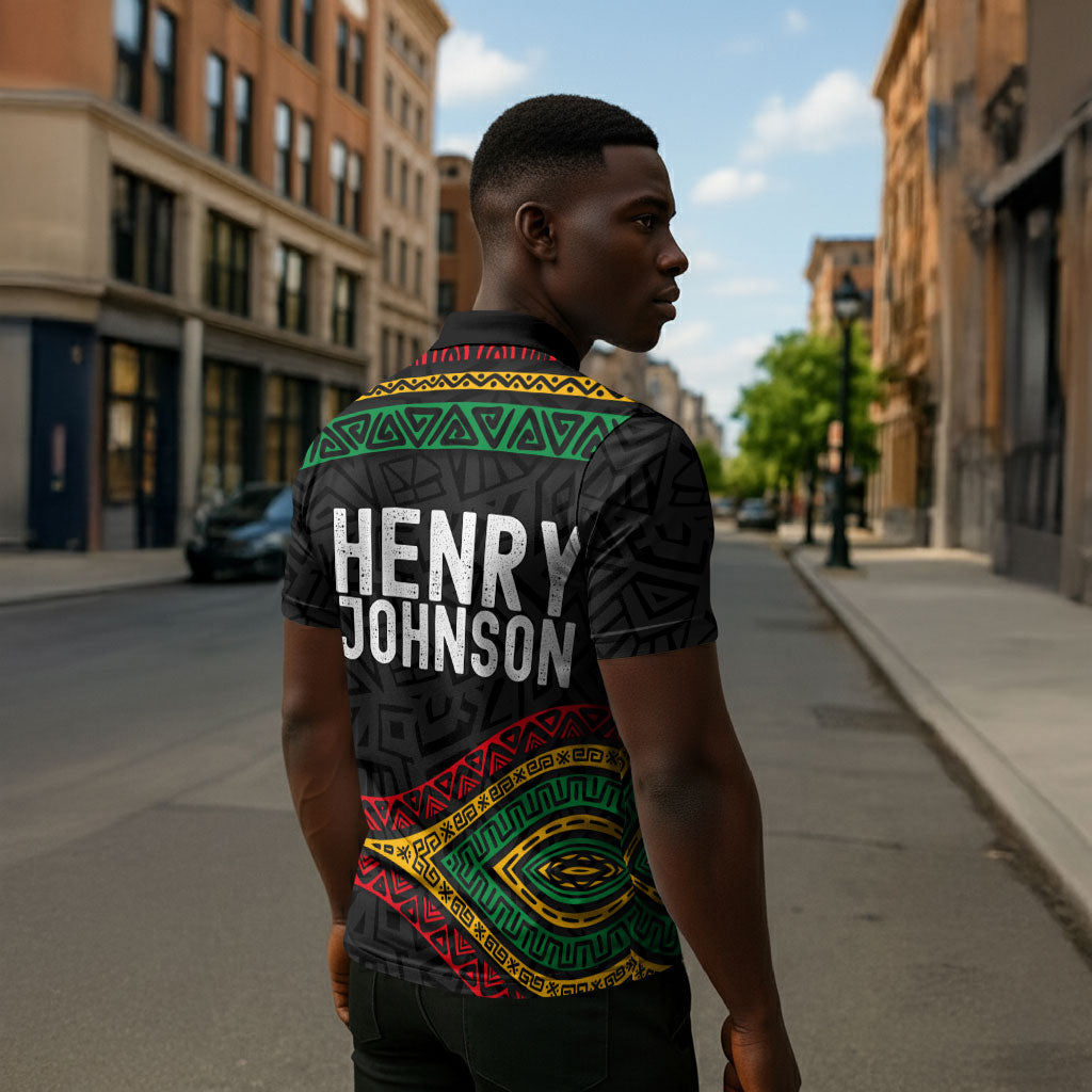 Henry Johnson Black History Month Zipper Polo Shirt Pan African Colors Tribal Geometric Pattern