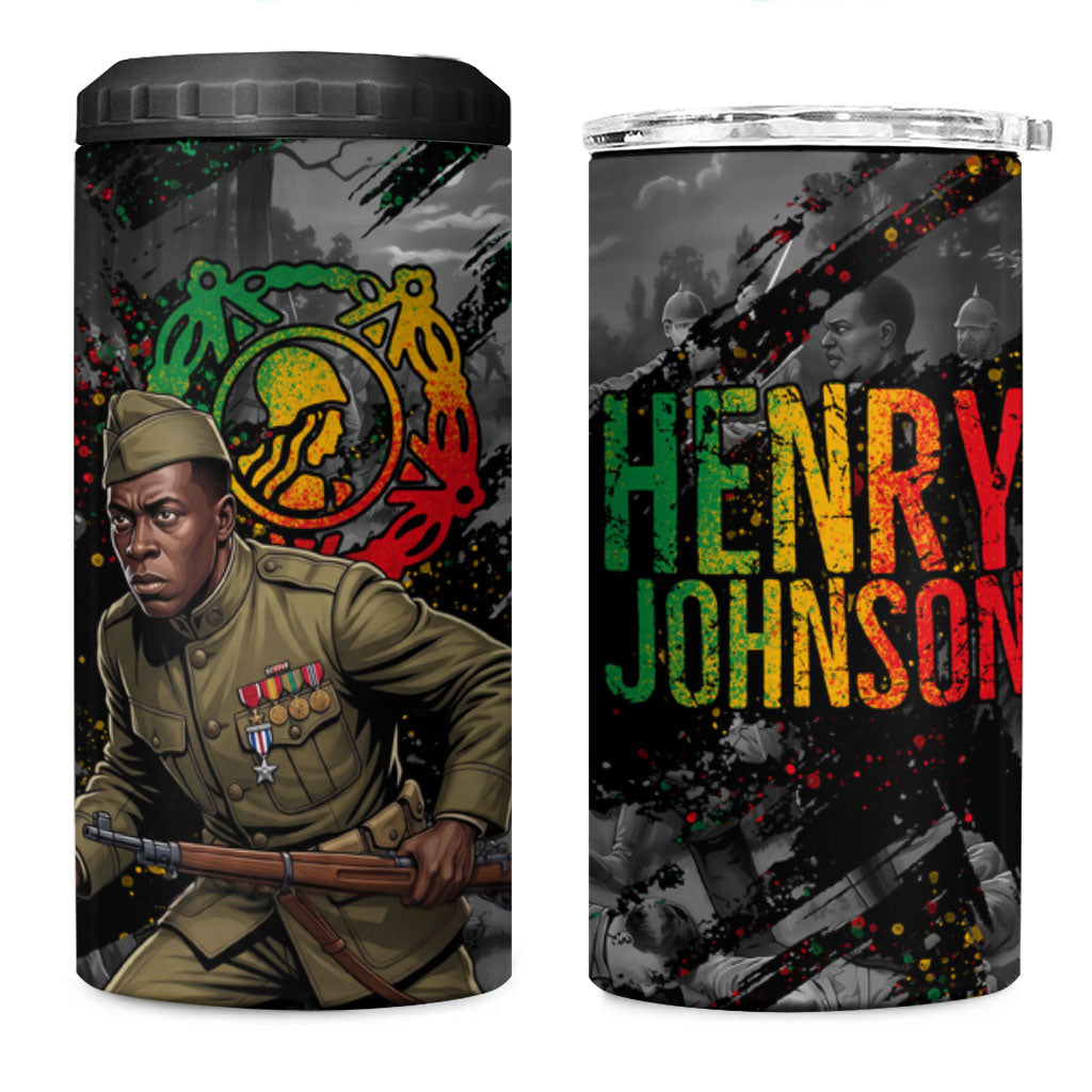Henry Johnson Black History Month 4 in 1 Can Cooler Tumbler Harlem Hellfighters Pan African Grunge Art