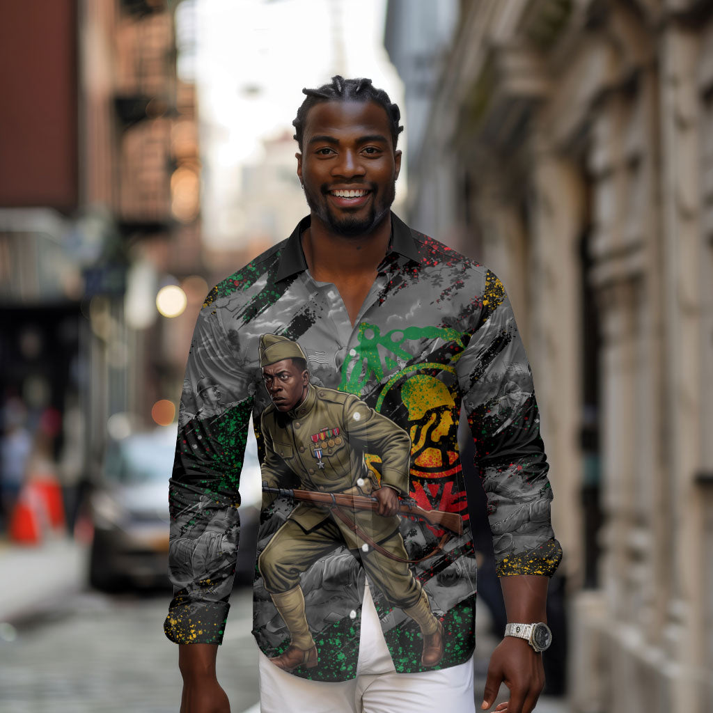 Henry Johnson Black History Month Long Sleeve Button Shirt Harlem Hellfighters Pan African Grunge Art