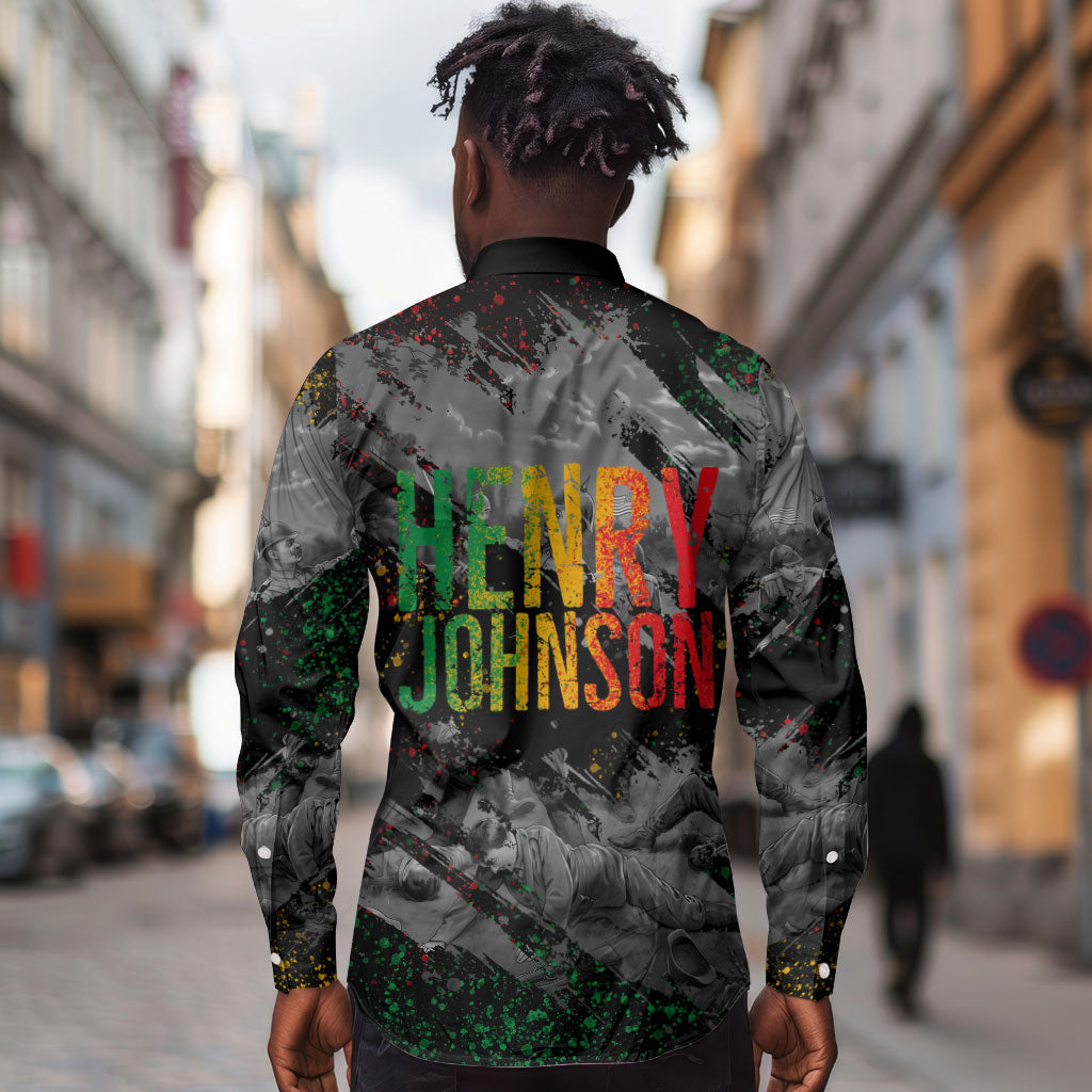 Henry Johnson Black History Month Long Sleeve Button Shirt Harlem Hellfighters Pan African Grunge Art