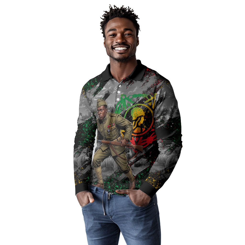 Henry Johnson Black History Month Long Sleeve Polo Shirt Harlem Hellfighters Pan African Grunge Art