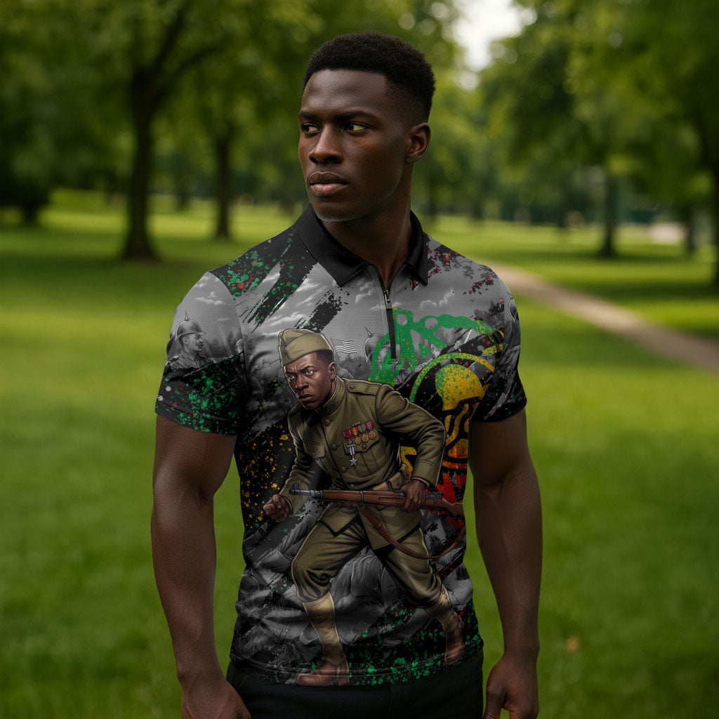 Henry Johnson Black History Month Zipper Polo Shirt Harlem Hellfighters Pan African Grunge Art