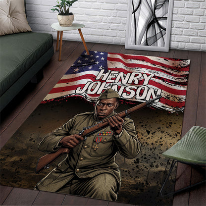 Henry Johnson Black History Month Area Rug Distressed US Flag American Hero Portrait