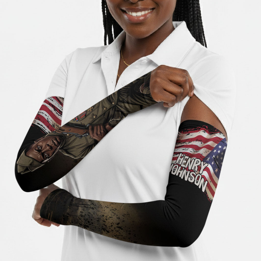 Henry Johnson Black History Month Arm Sleeves Distressed US Flag American Hero Portrait