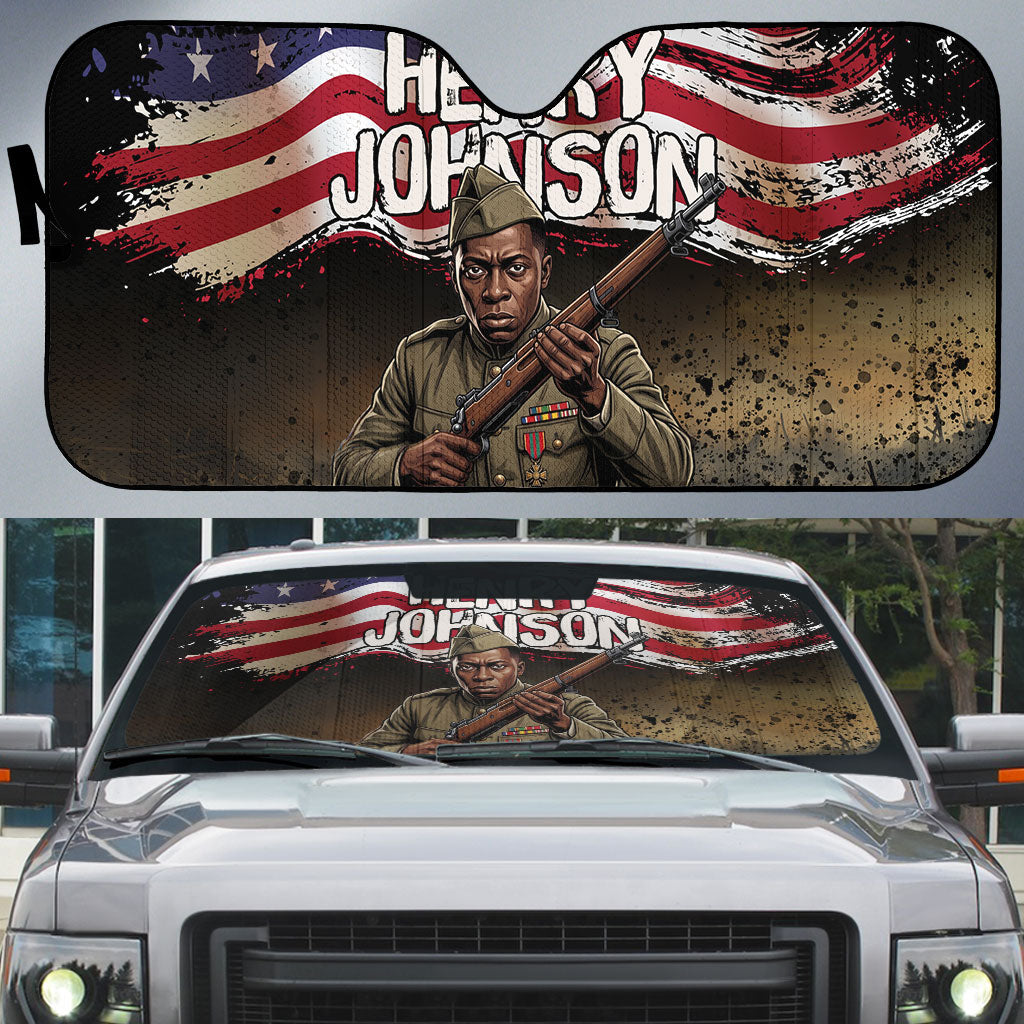 Henry Johnson Black History Month Auto Sun Shade Distressed US Flag American Hero Portrait