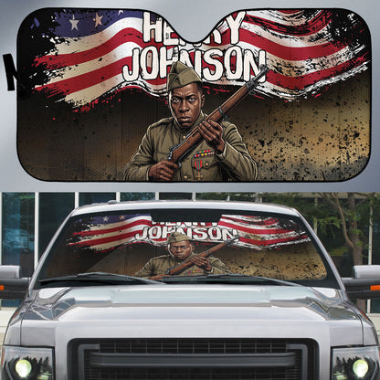 Henry Johnson Black History Month Auto Sun Shade Distressed US Flag American Hero Portrait