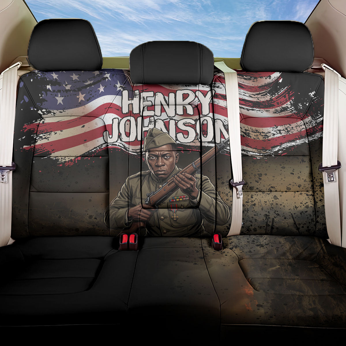 Henry Johnson Black History Month Back Car Seat Cover Distressed US Flag American Hero Portrait