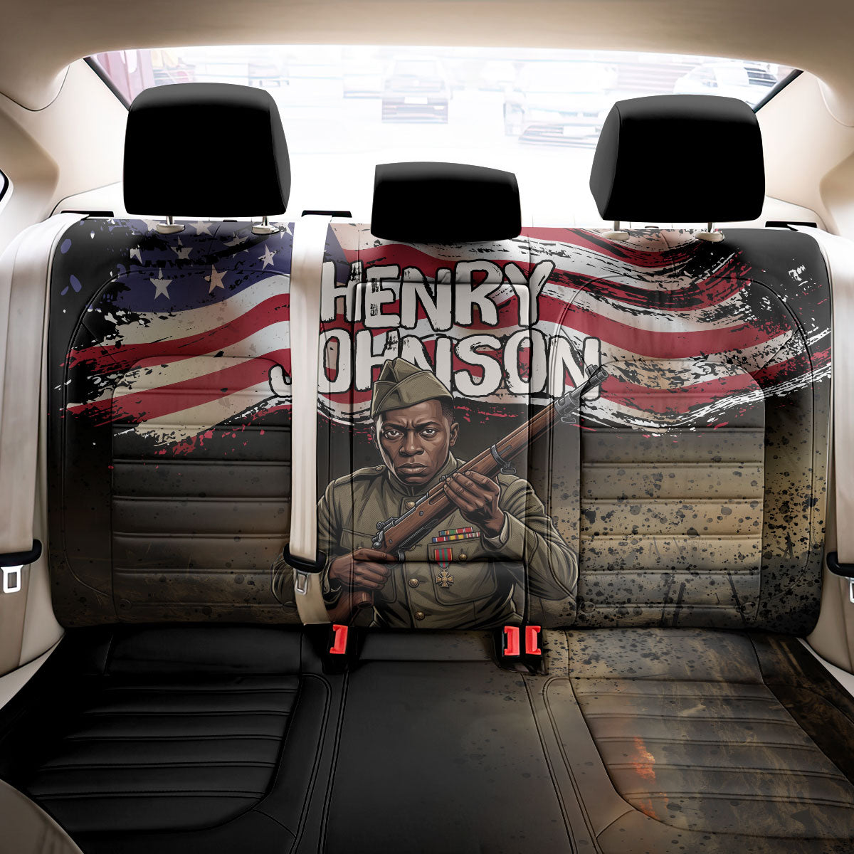 Henry Johnson Black History Month Back Car Seat Cover Distressed US Flag American Hero Portrait