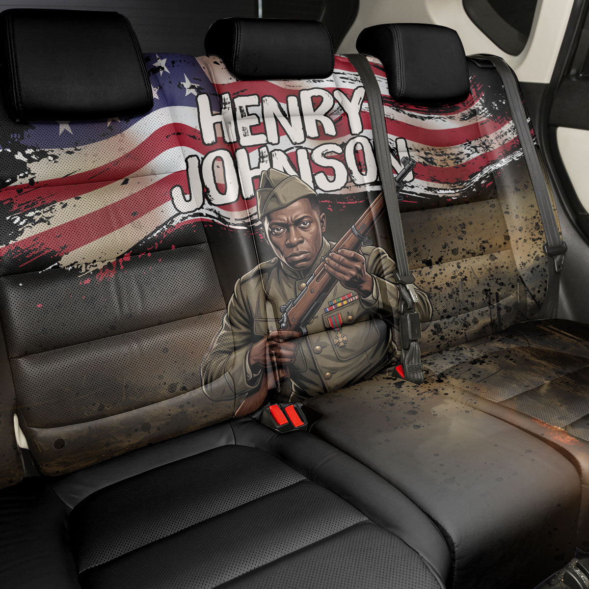 Henry Johnson Black History Month Back Car Seat Cover Distressed US Flag American Hero Portrait