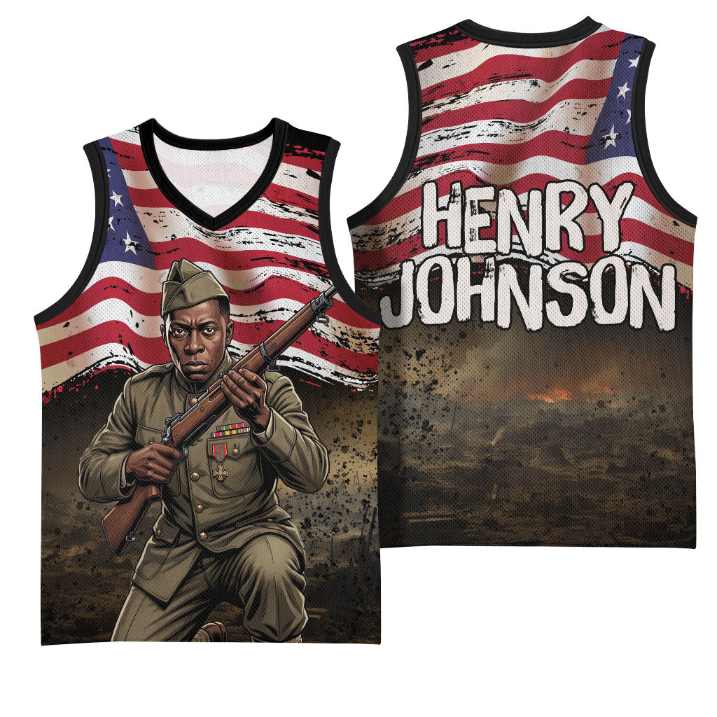 Henry Johnson Black History Month Basketball Jersey Distressed US Flag American Hero Portrait