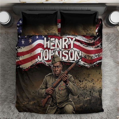 Henry Johnson Black History Month Bedding Set Distressed US Flag American Hero Portrait