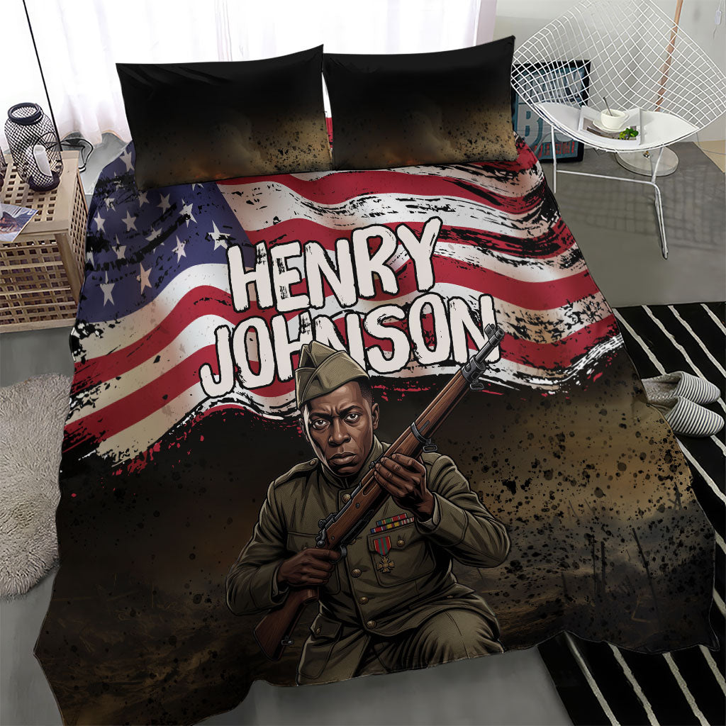 Henry Johnson Black History Month Bedding Set Distressed US Flag American Hero Portrait