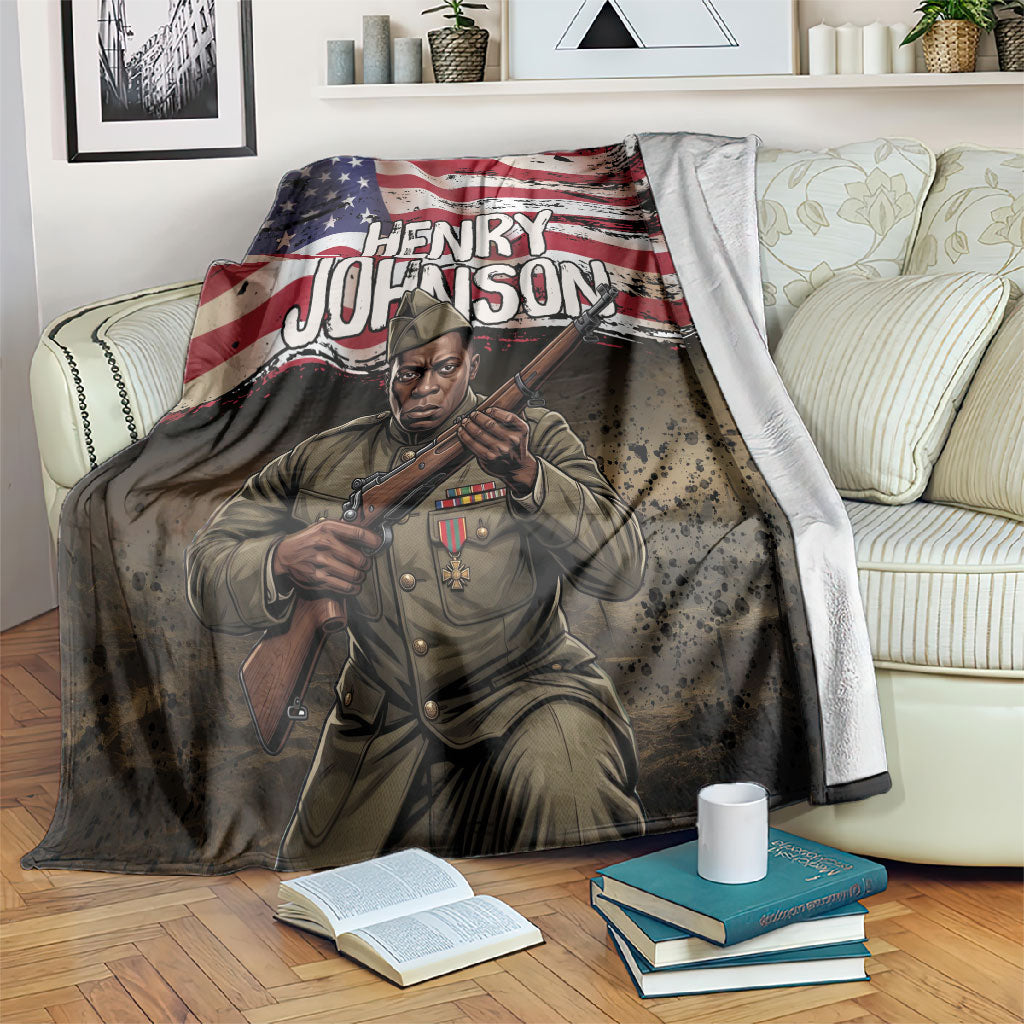 Henry Johnson Black History Month Blanket Distressed US Flag American Hero Portrait