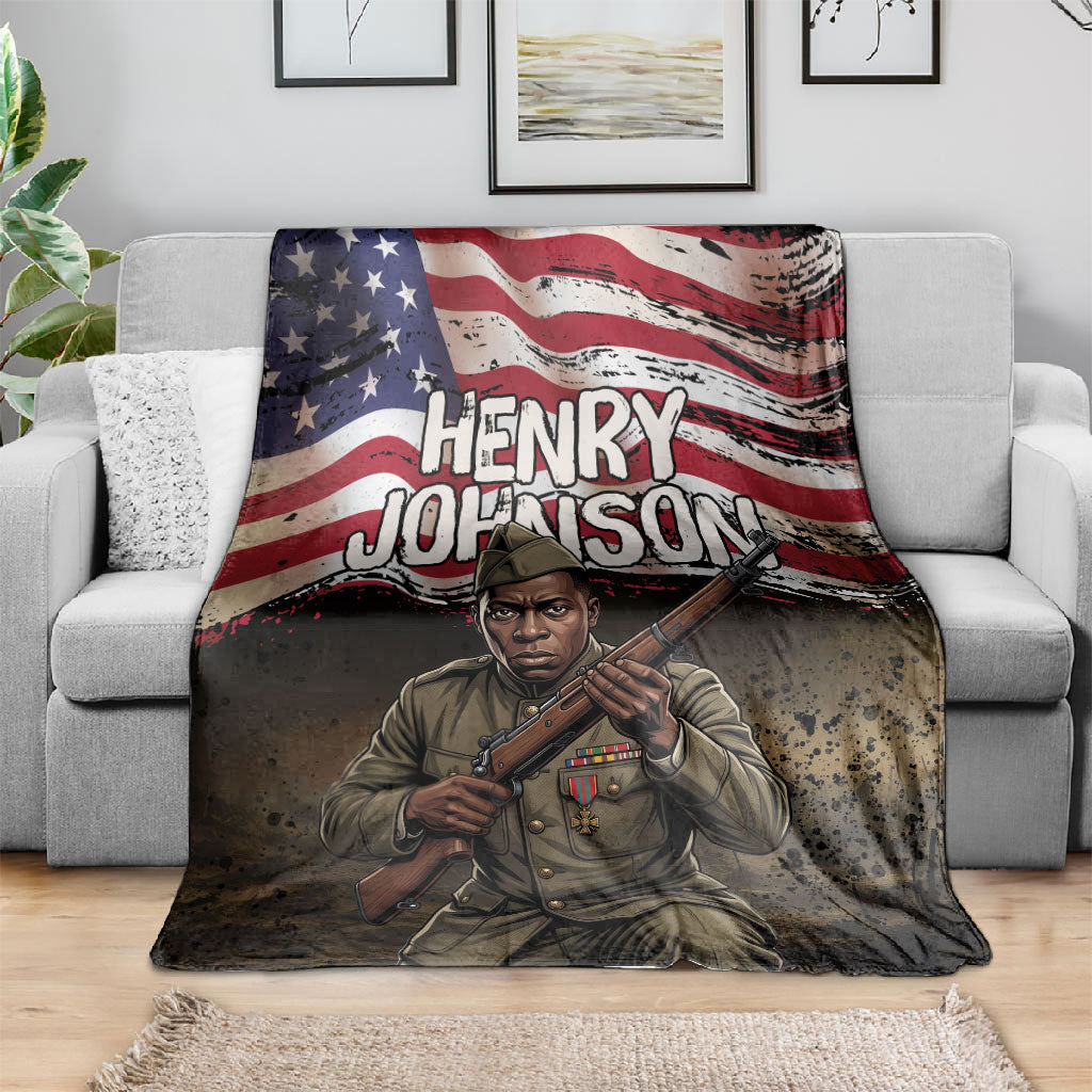 Henry Johnson Black History Month Blanket Distressed US Flag American Hero Portrait