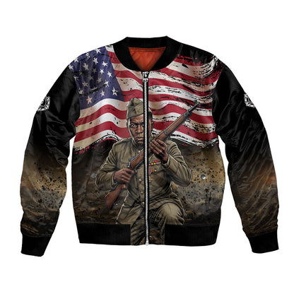 Henry Johnson Black History Month Bomber Jacket Distressed US Flag American Hero Portrait