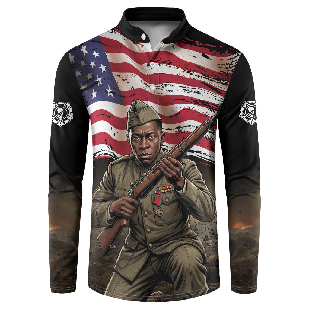 Henry Johnson Black History Month Button Sweatshirt Distressed US Flag American Hero Portrait