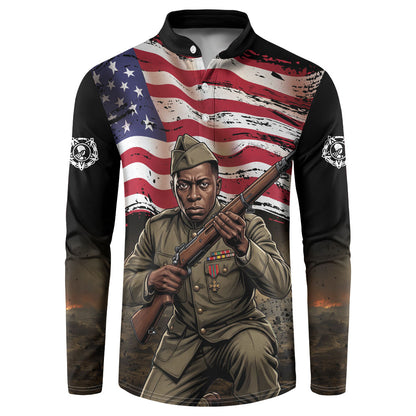 Henry Johnson Black History Month Button Sweatshirt Distressed US Flag American Hero Portrait