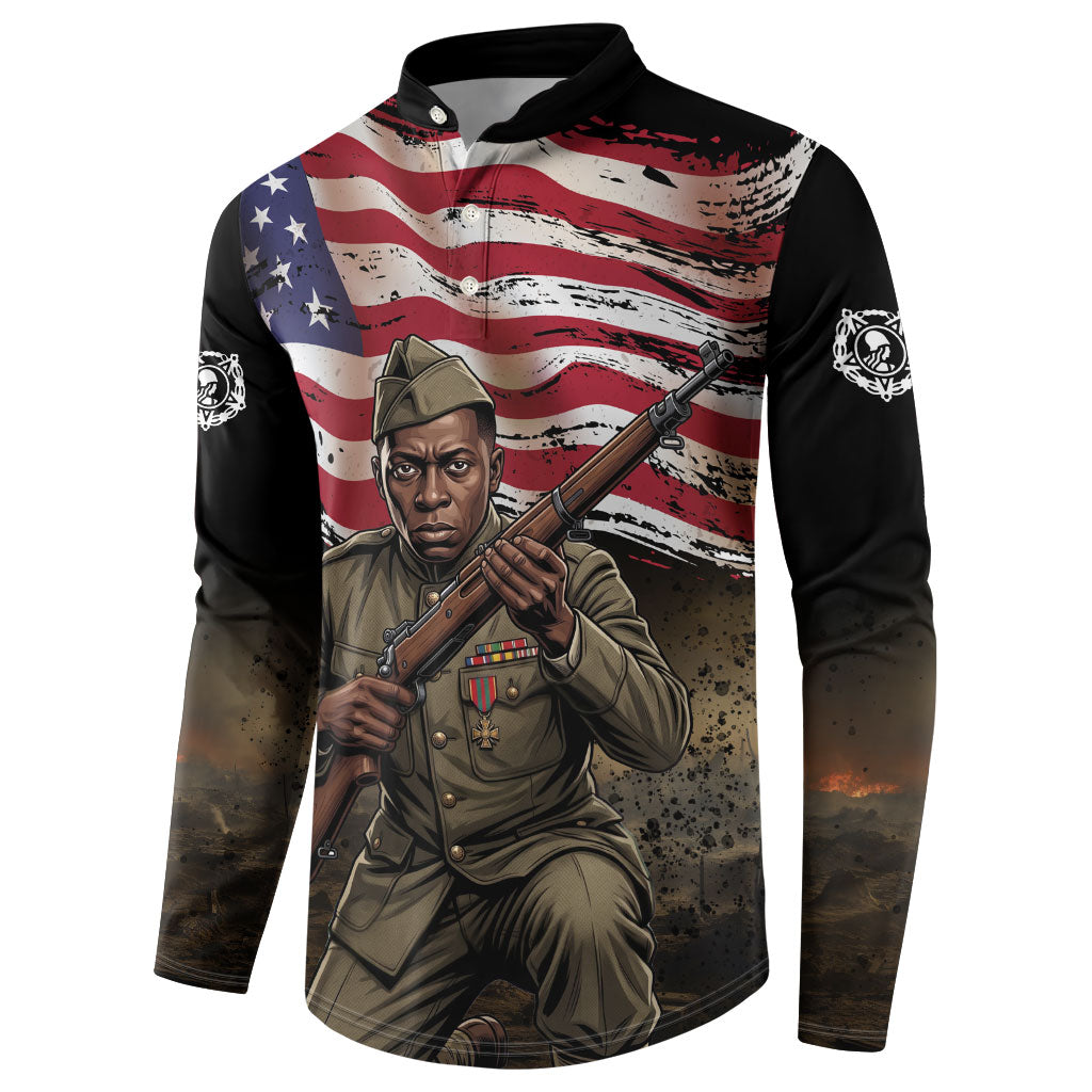 Henry Johnson Black History Month Button Sweatshirt Distressed US Flag American Hero Portrait