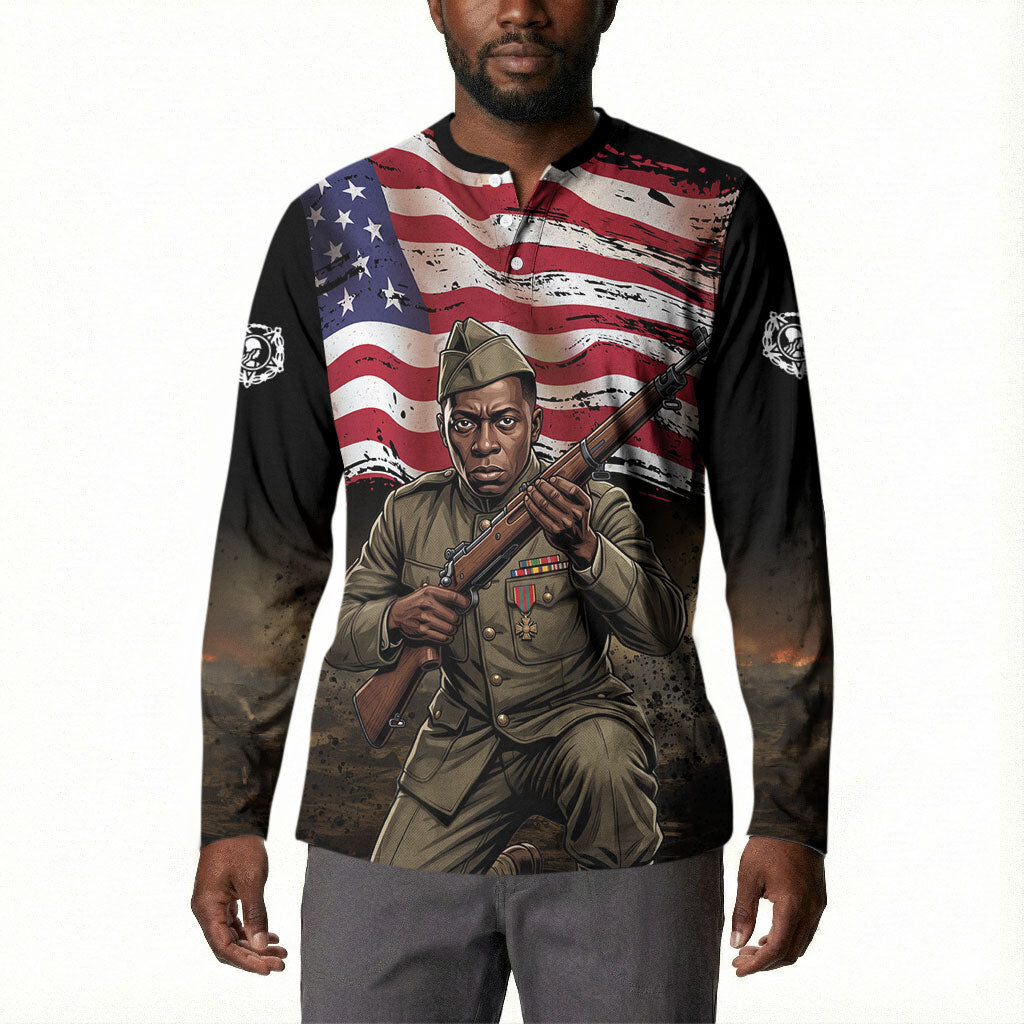 Henry Johnson Black History Month Button Sweatshirt Distressed US Flag American Hero Portrait