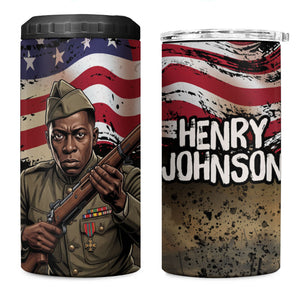 Henry Johnson Black History Month 4 in 1 Can Cooler Tumbler Distressed US Flag American Hero Portrait