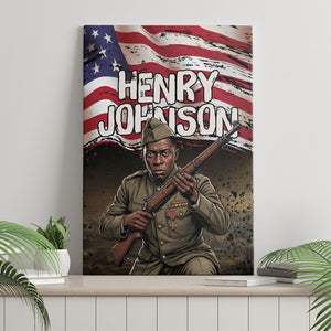 Henry Johnson Black History Month Canvas Wall Art Distressed US Flag American Hero Portrait