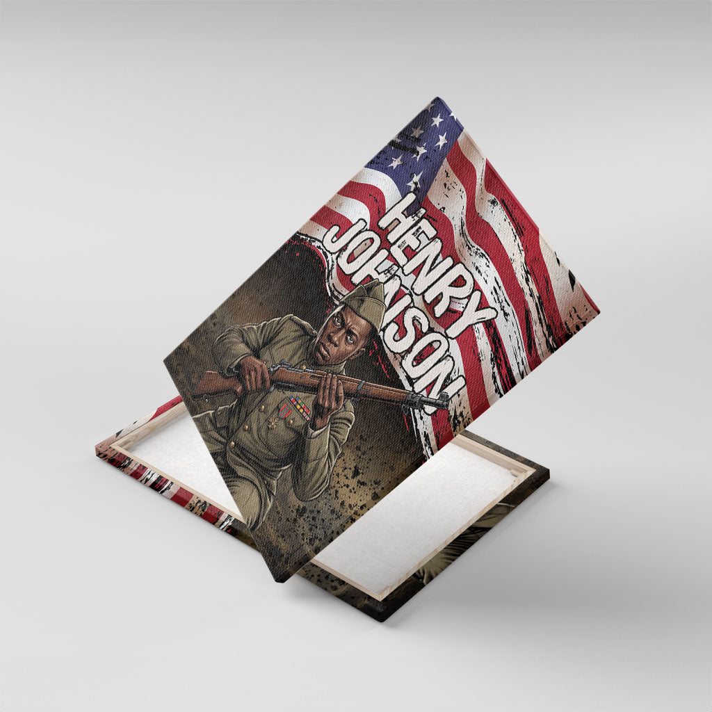 Henry Johnson Black History Month Canvas Wall Art Distressed US Flag American Hero Portrait