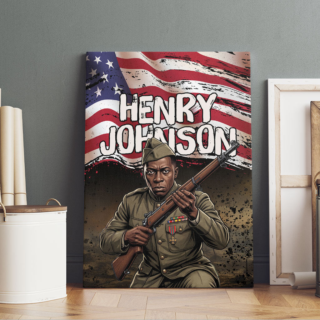 Henry Johnson Black History Month Canvas Wall Art Distressed US Flag American Hero Portrait