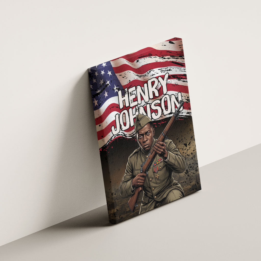 Henry Johnson Black History Month Canvas Wall Art Distressed US Flag American Hero Portrait