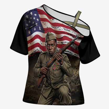 Henry Johnson Black History Month Cross Shoulder Shirt Distressed US Flag American Hero Portrait