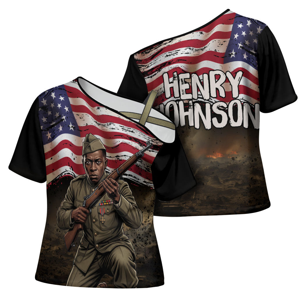 Henry Johnson Black History Month Cross Shoulder Shirt Distressed US Flag American Hero Portrait