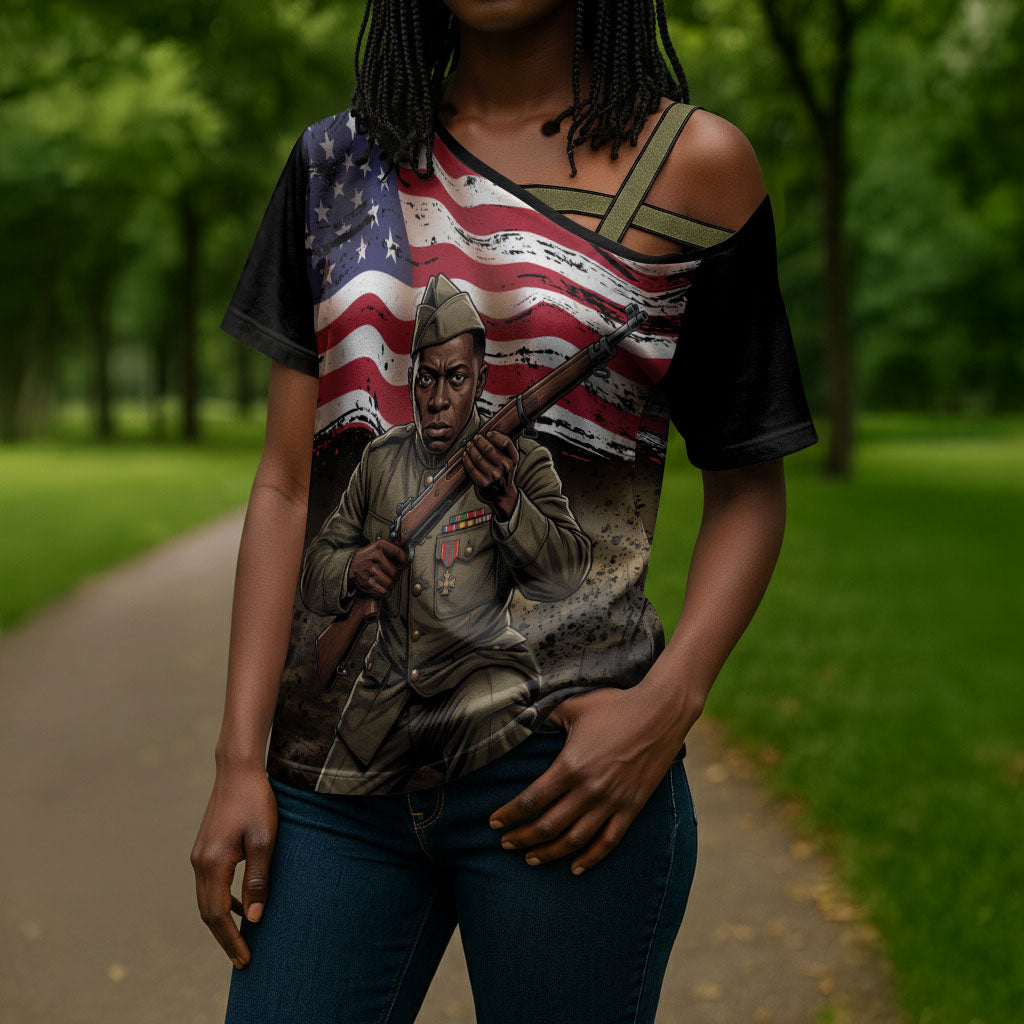 Henry Johnson Black History Month Cross Shoulder Shirt Distressed US Flag American Hero Portrait