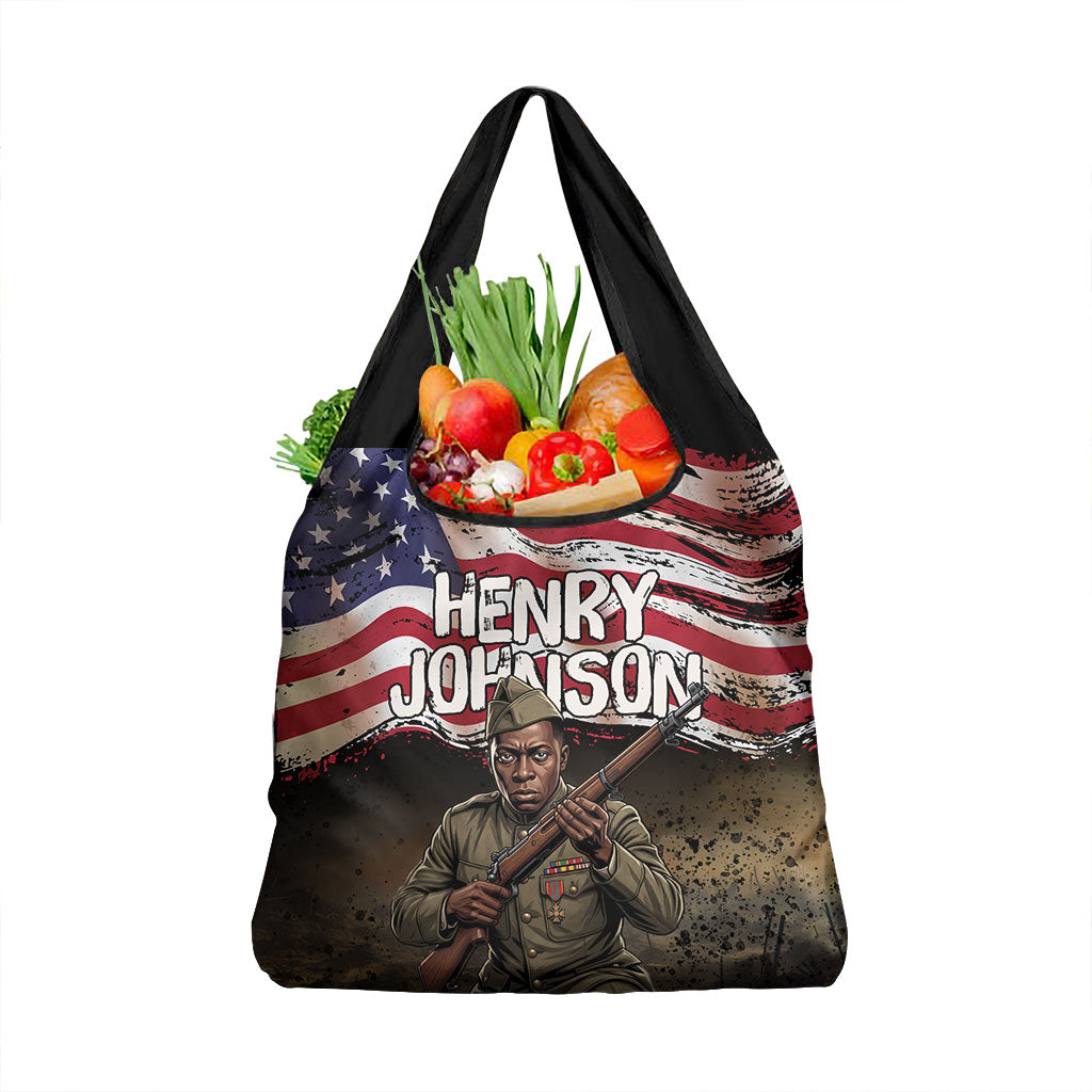 Henry Johnson Black History Month Grocery Bag Distressed US Flag American Hero Portrait