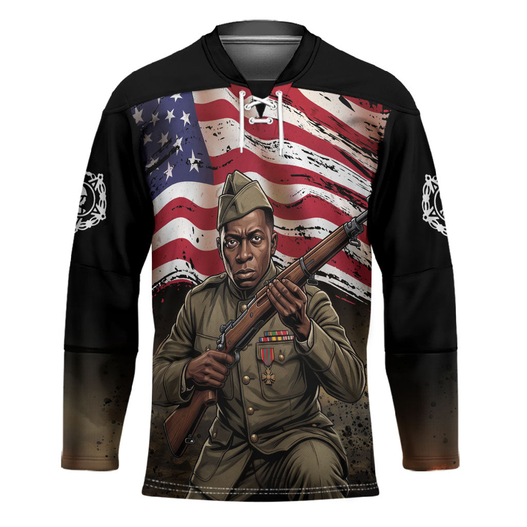 Henry Johnson Black History Month Hockey Jersey Distressed US Flag American Hero Portrait