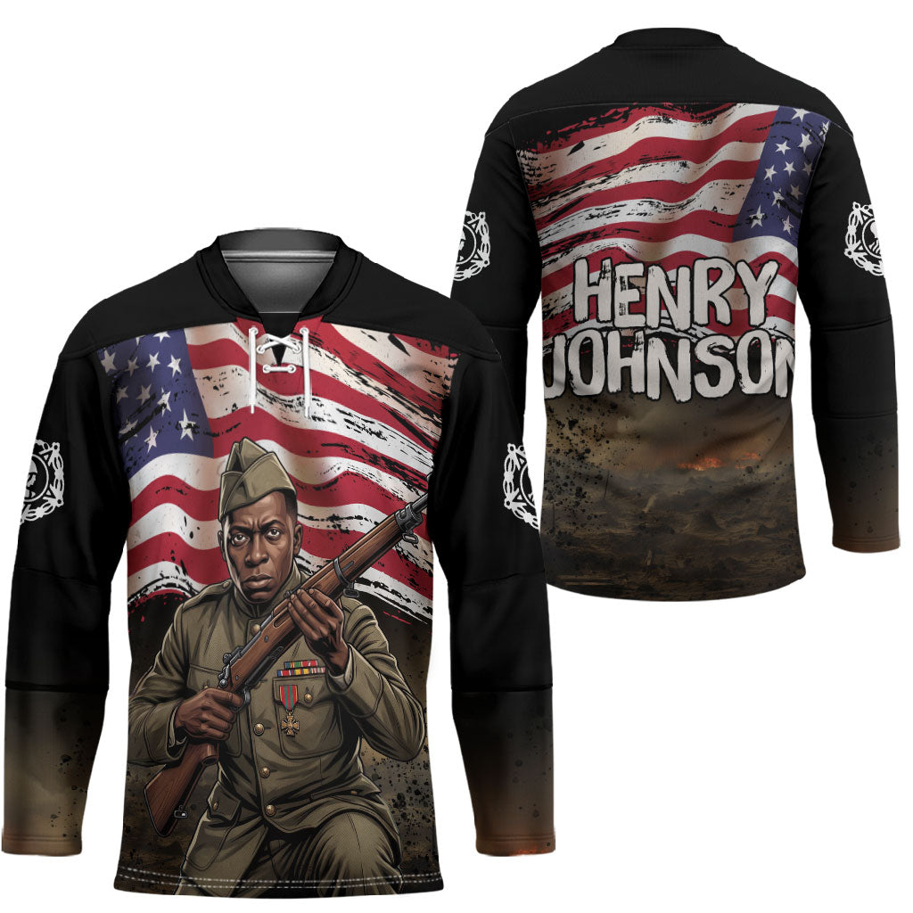 Henry Johnson Black History Month Hockey Jersey Distressed US Flag American Hero Portrait