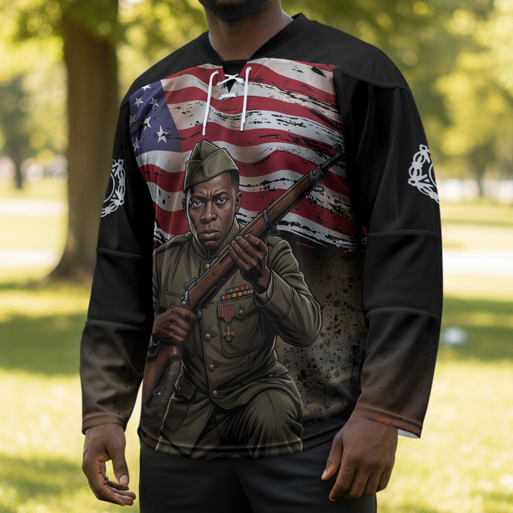 Henry Johnson Black History Month Hockey Jersey Distressed US Flag American Hero Portrait
