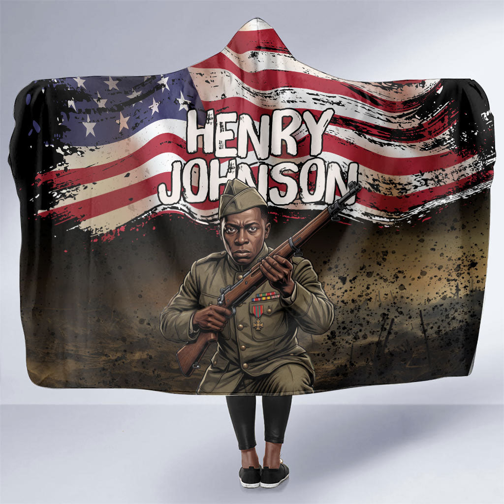 Henry Johnson Black History Month Hooded Blanket Distressed US Flag American Hero Portrait