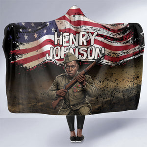 Henry Johnson Black History Month Hooded Blanket Distressed US Flag American Hero Portrait