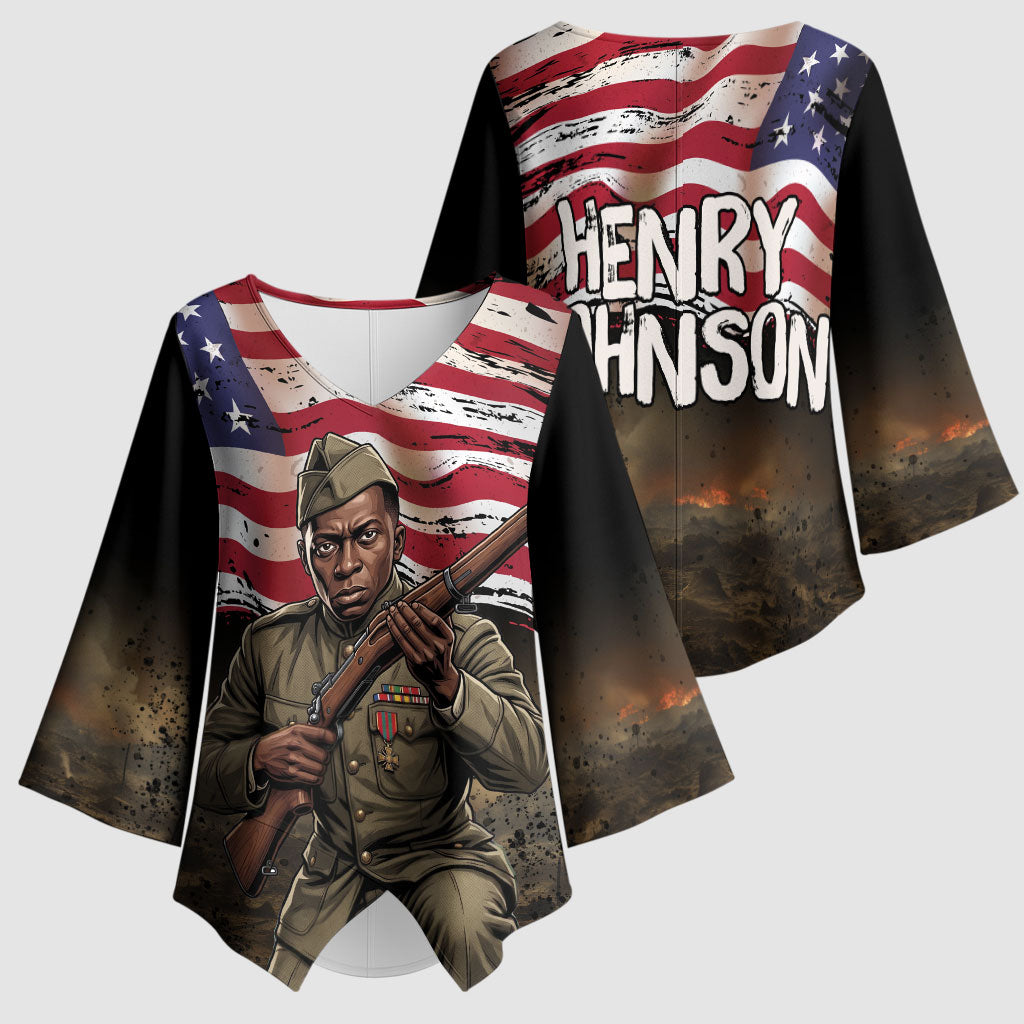 Henry Johnson Black History Month Kimono Sleeve Blouse Distressed US Flag American Hero Portrait