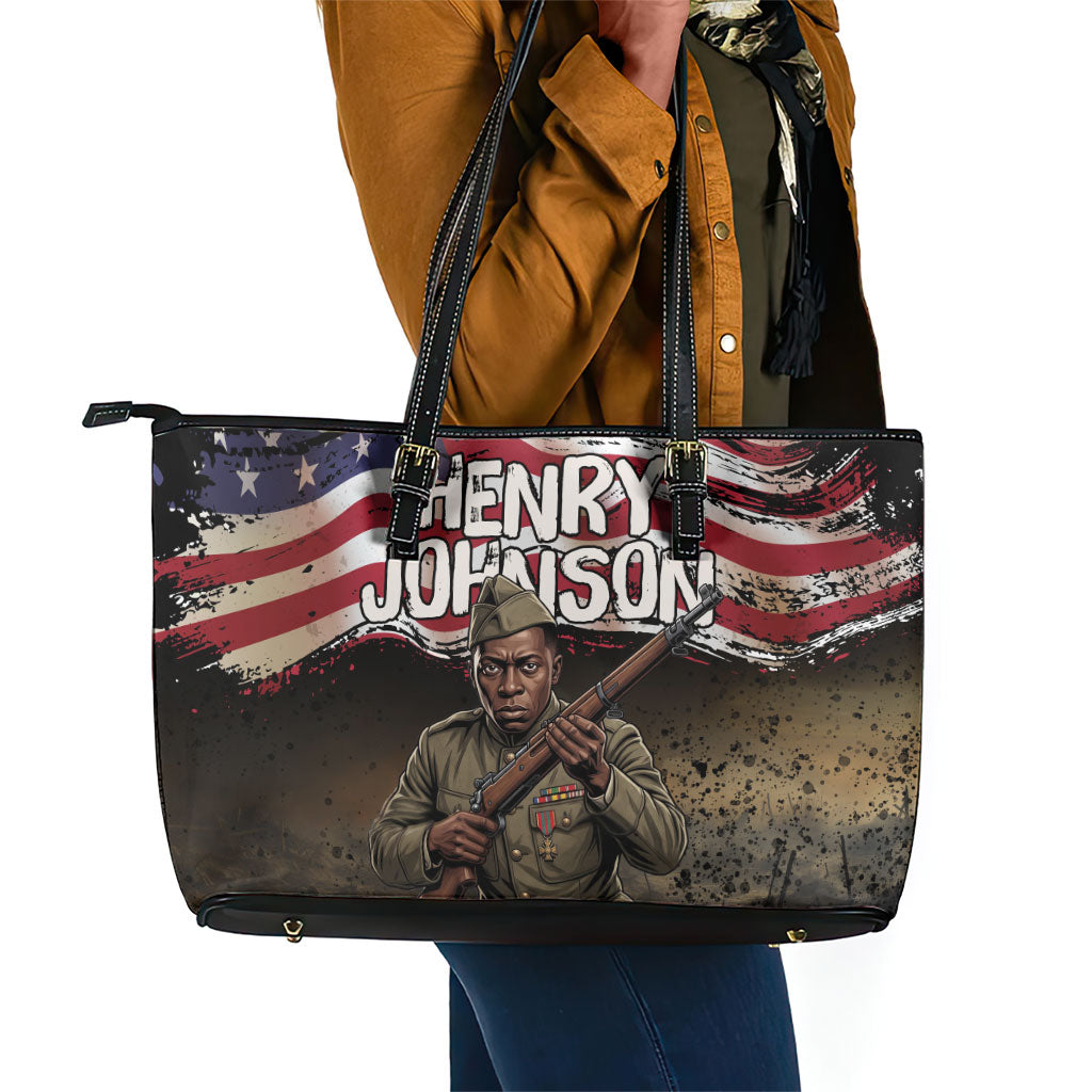 Henry Johnson Black History Month Leather Tote Bag Distressed US Flag American Hero Portrait