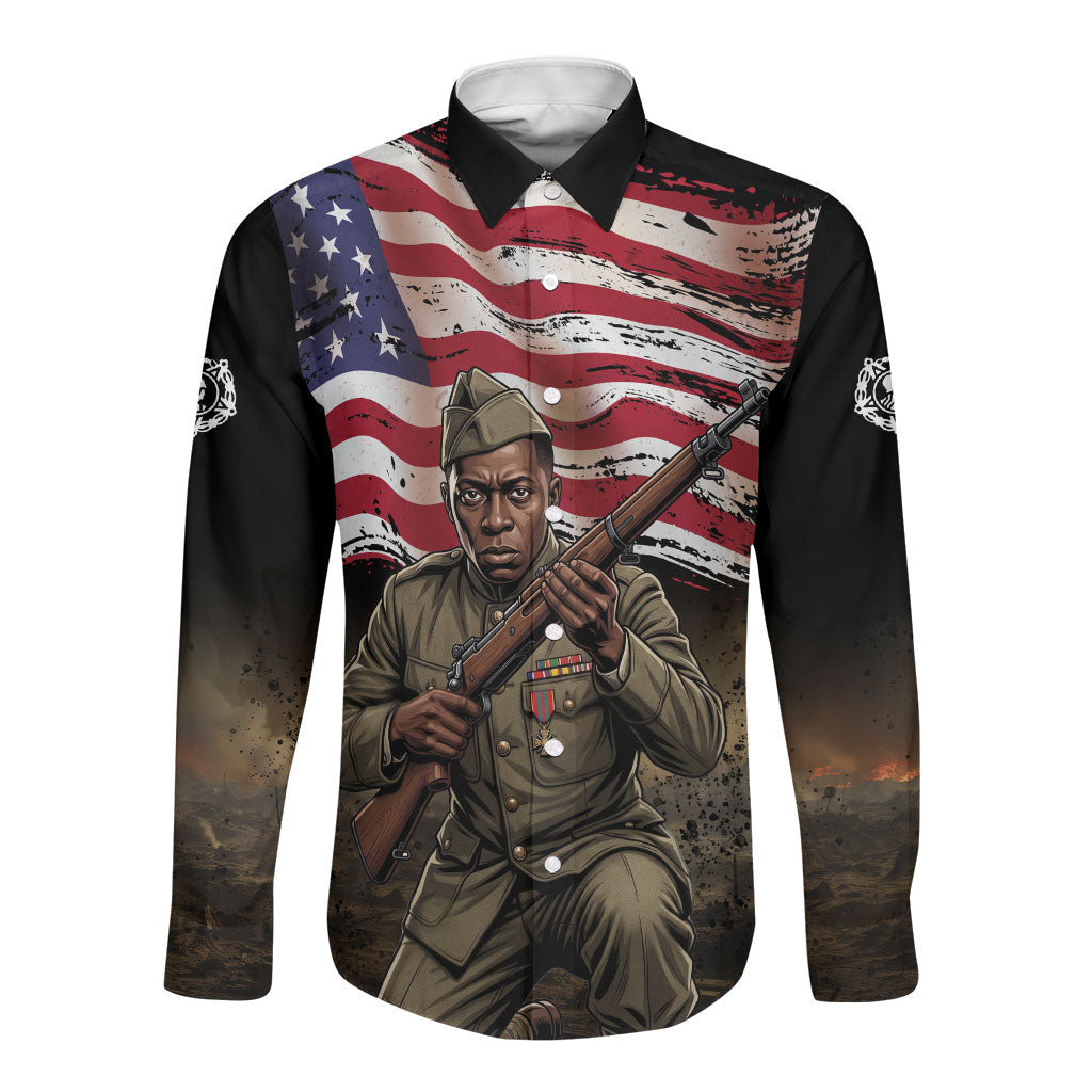Henry Johnson Black History Month Long Sleeve Button Shirt Distressed US Flag American Hero Portrait