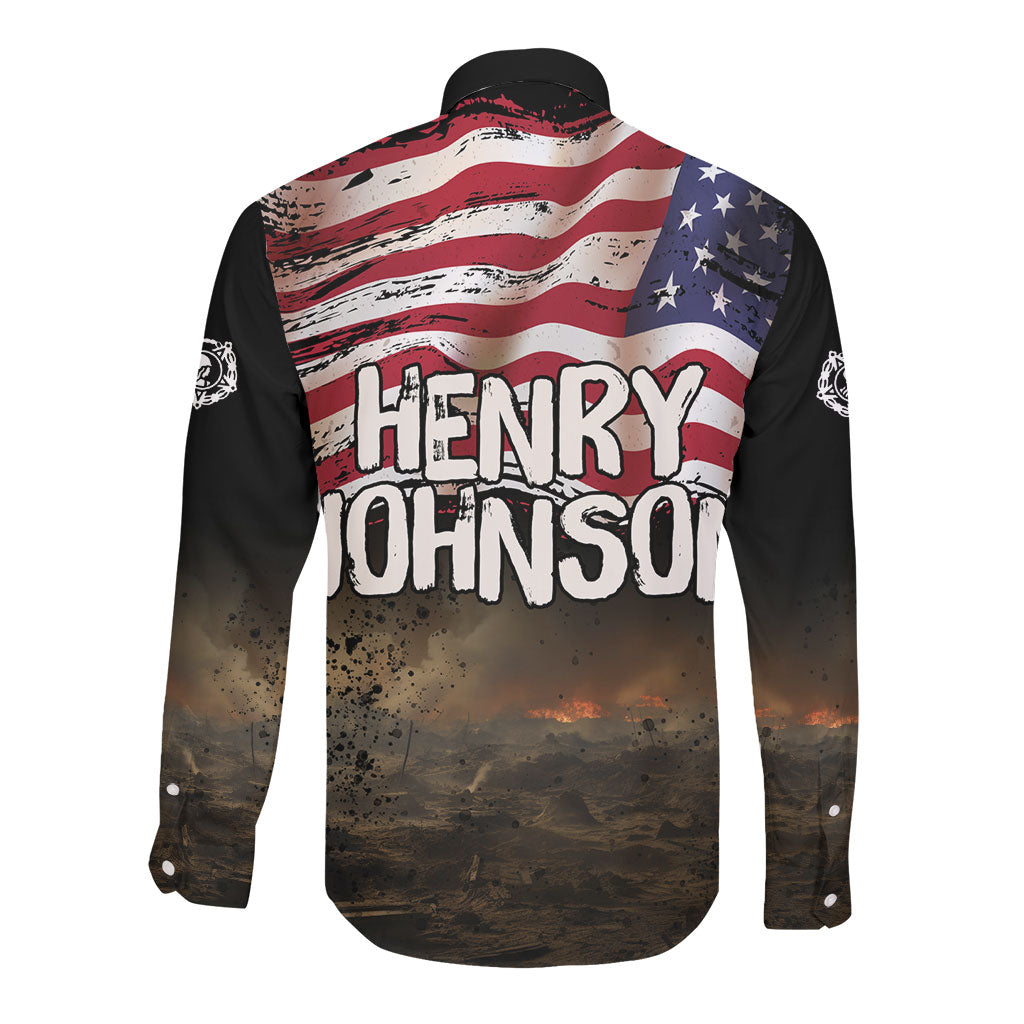 Henry Johnson Black History Month Long Sleeve Button Shirt Distressed US Flag American Hero Portrait