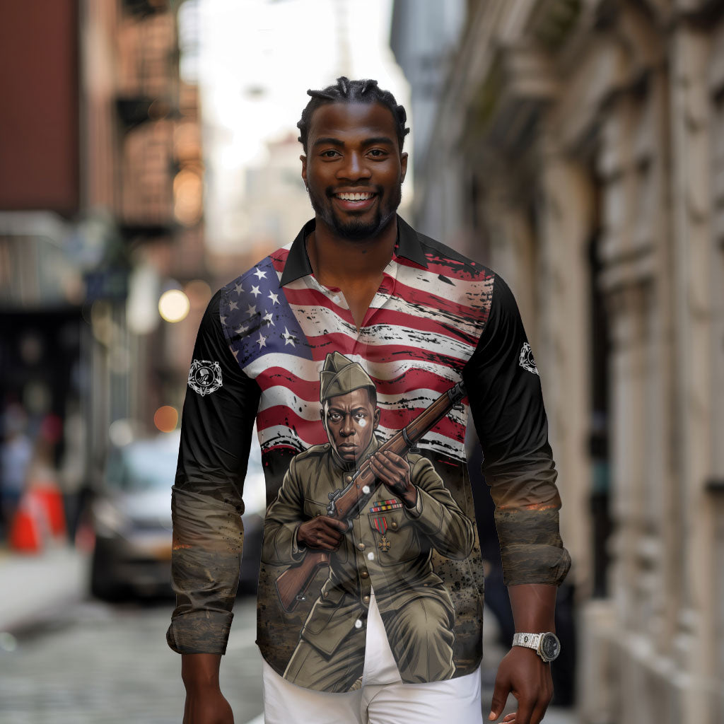 Henry Johnson Black History Month Long Sleeve Button Shirt Distressed US Flag American Hero Portrait