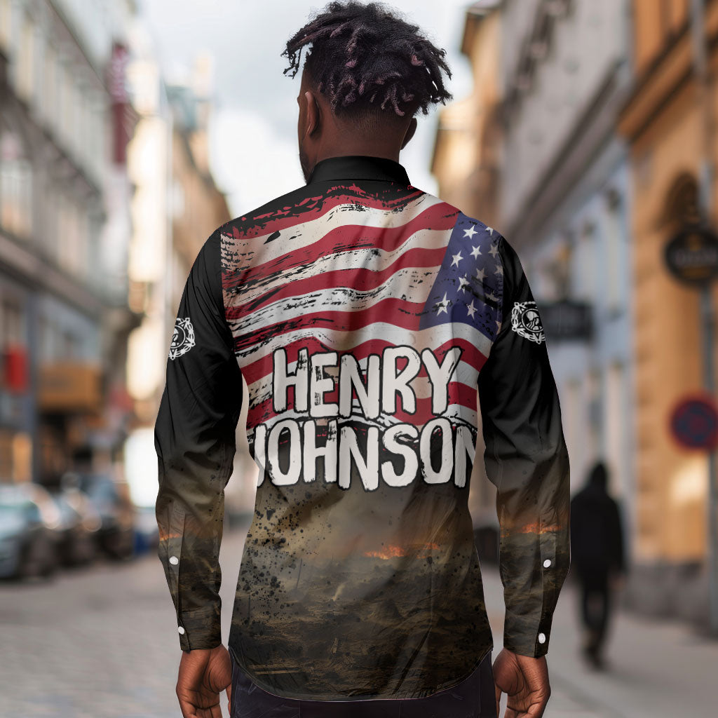 Henry Johnson Black History Month Long Sleeve Button Shirt Distressed US Flag American Hero Portrait