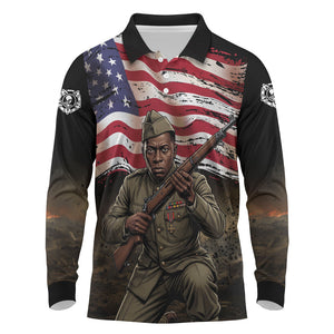 Henry Johnson Black History Month Long Sleeve Polo Shirt Distressed US Flag American Hero Portrait