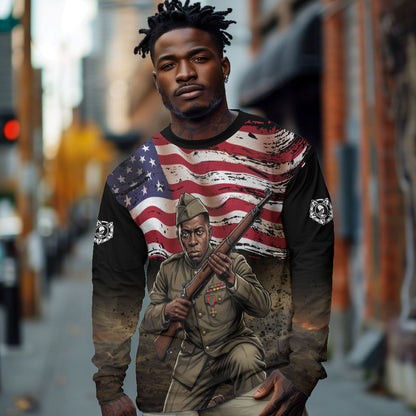 Henry Johnson Black History Month Long Sleeve Shirt Distressed US Flag American Hero Portrait