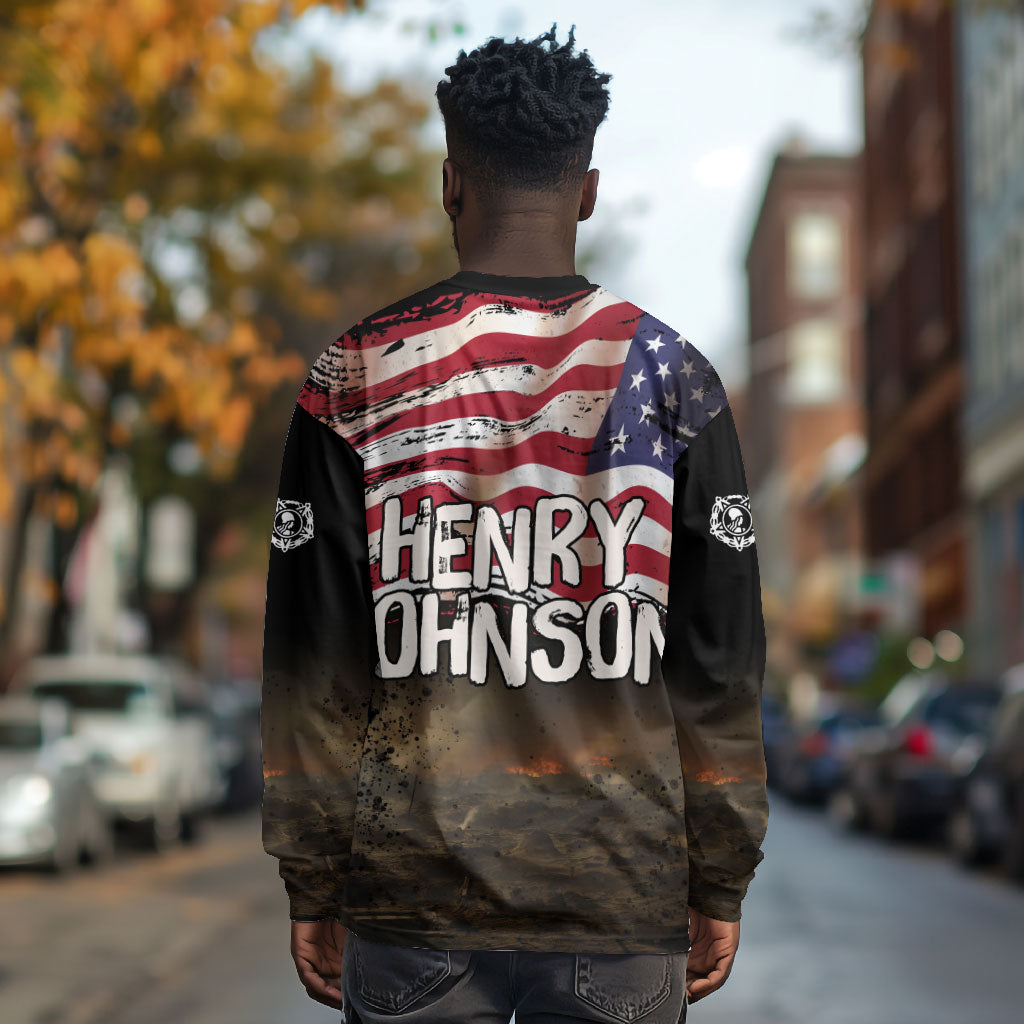 Henry Johnson Black History Month Long Sleeve Shirt Distressed US Flag American Hero Portrait