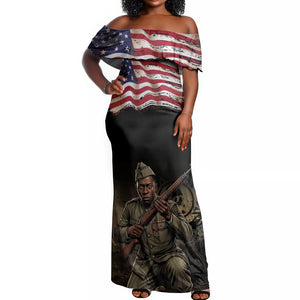 Henry Johnson Black History Month Off Shoulder Maxi Dress Distressed US Flag American Hero Portrait